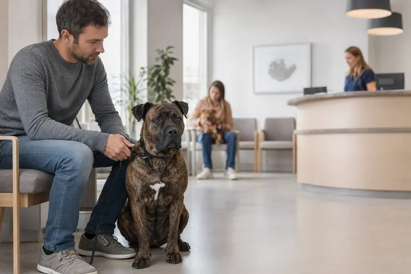 Ein Dogo Canario sitzt ruhig neben seinem Besitzer im hellen Wartezimmer einer modernen Tierarztpraxis.